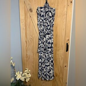 Navy and White Wide Leg Halter Style Leaf Print Maxi Dress with pockets